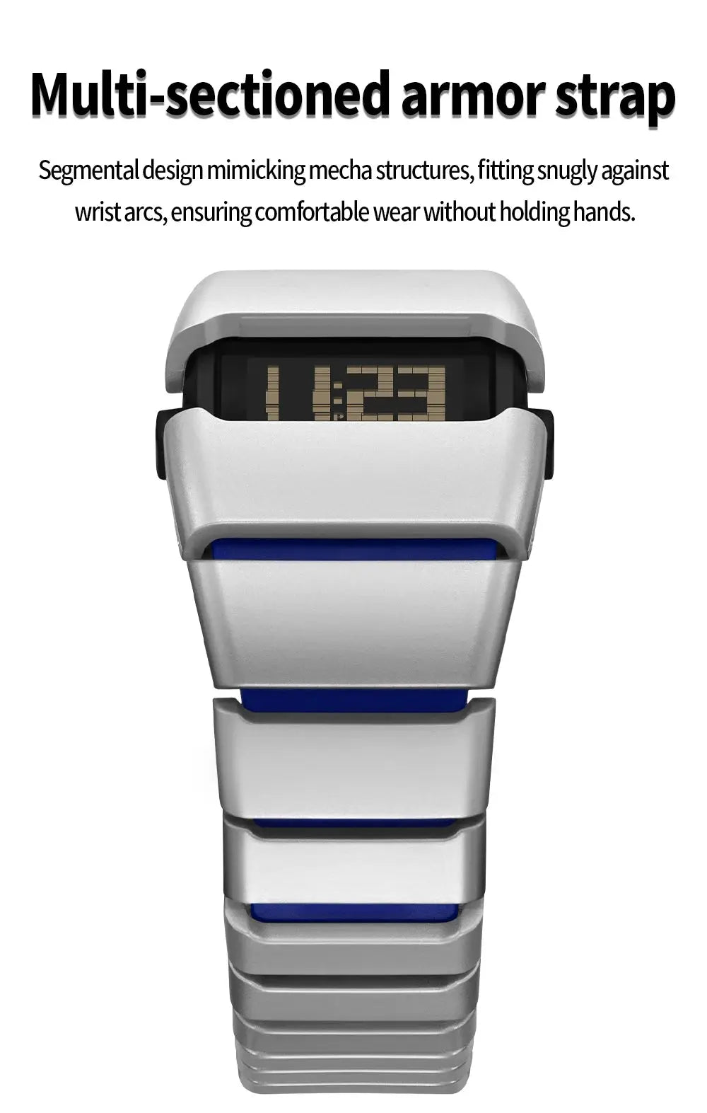 SANDA 9504 Y2K retro digital watch with silver metal band and blue accents