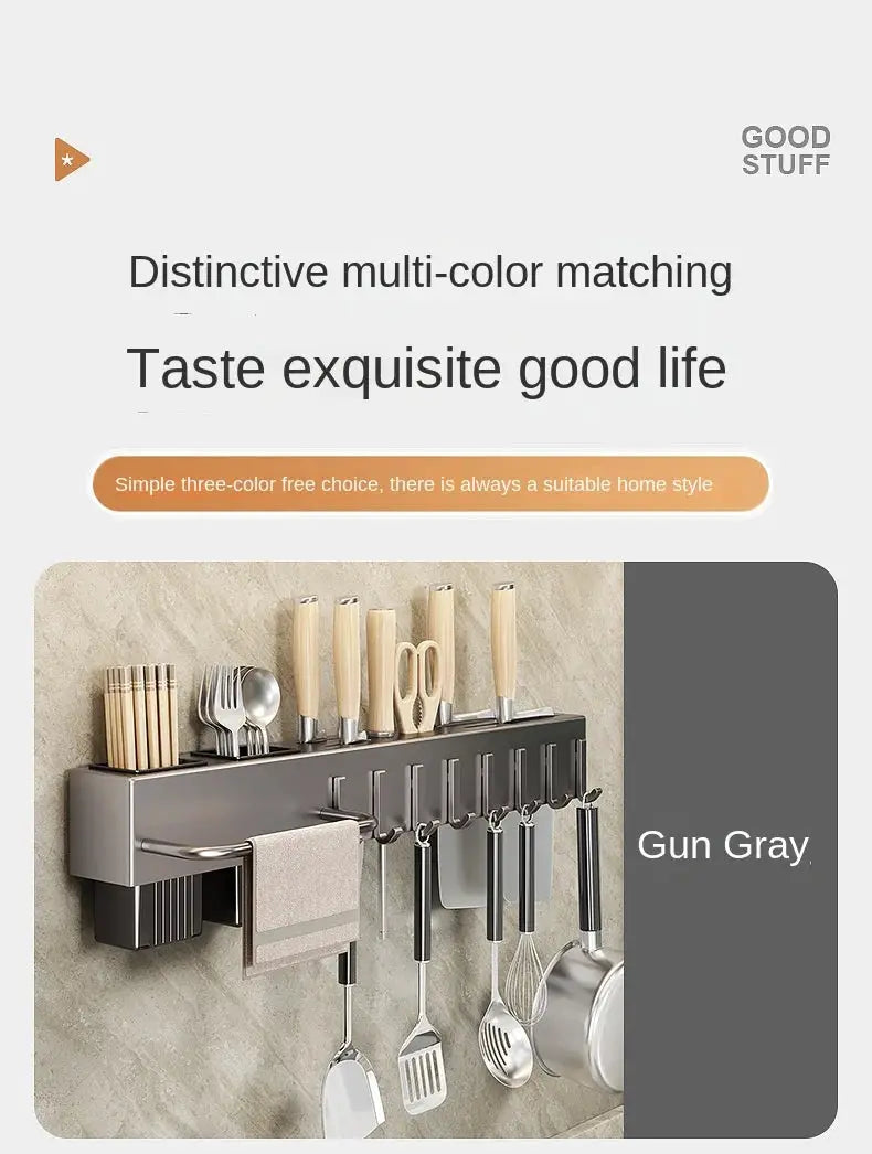 Tool-free kitchen shelf by Simples Market; gun-gray wall-mounted storage with knife and utensil hooks