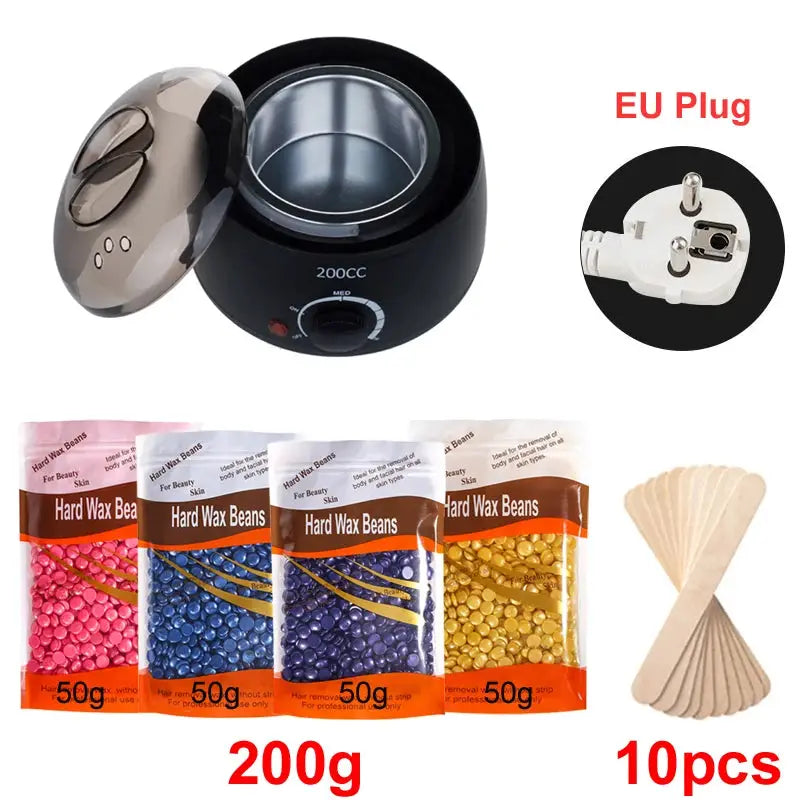 Simples Market 200ml wax warmer kit with EU plug, 4x50g hard wax beans and 10 spatulas