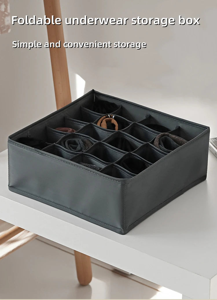 Foldable underwear storage box with gray fabric compartments for lingerie and socks