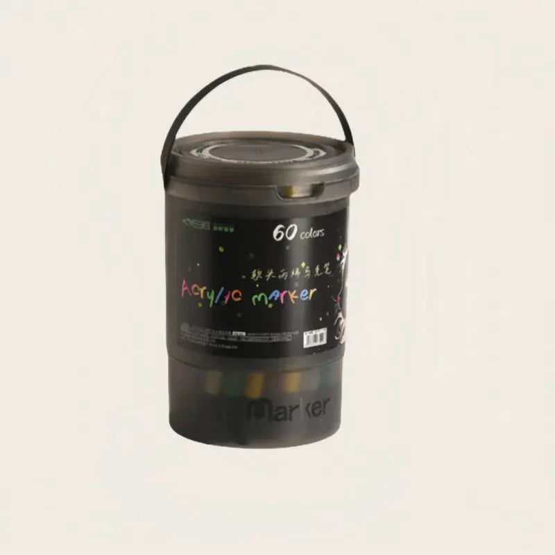 Bucket-cap acrylic marker set in a black bucket with handle, 60 colors