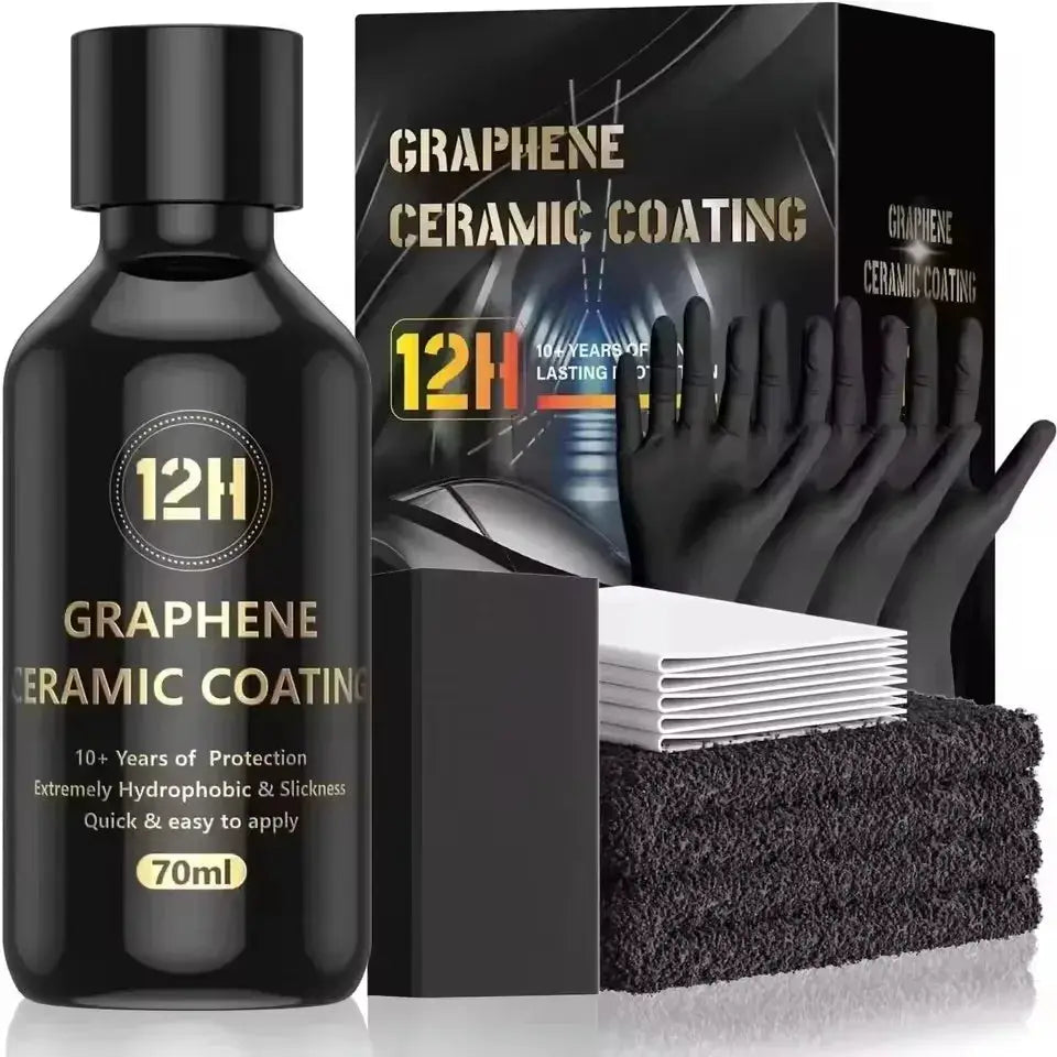 Graphene Ceramic Coating 12H bottle kit, 70ml, black with gold label, includes gloves and towels