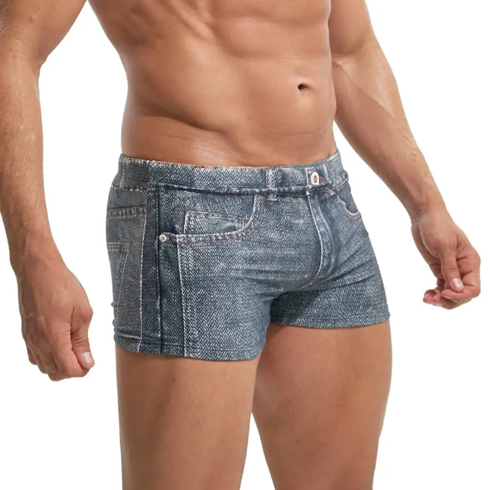Men's 2XL blue denim-printed board shorts swim trunks