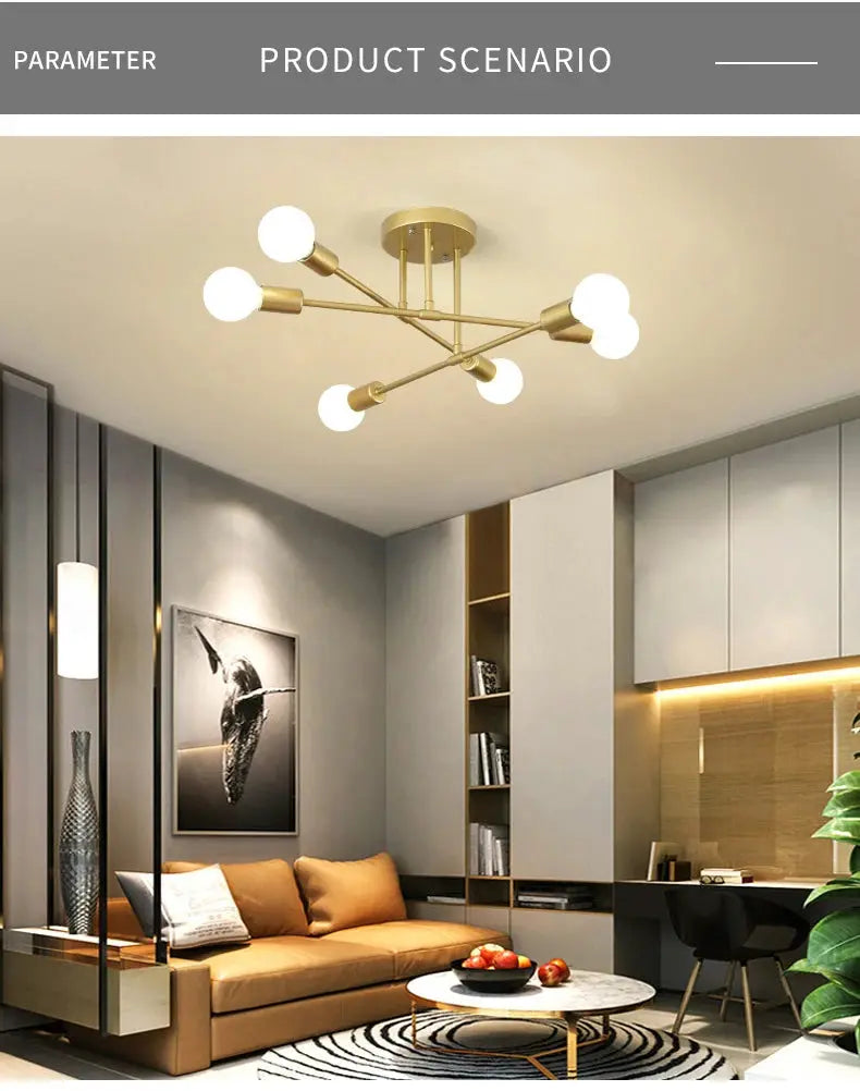 Retro industrial brass six-head LED ceiling lamp for modern living room decor