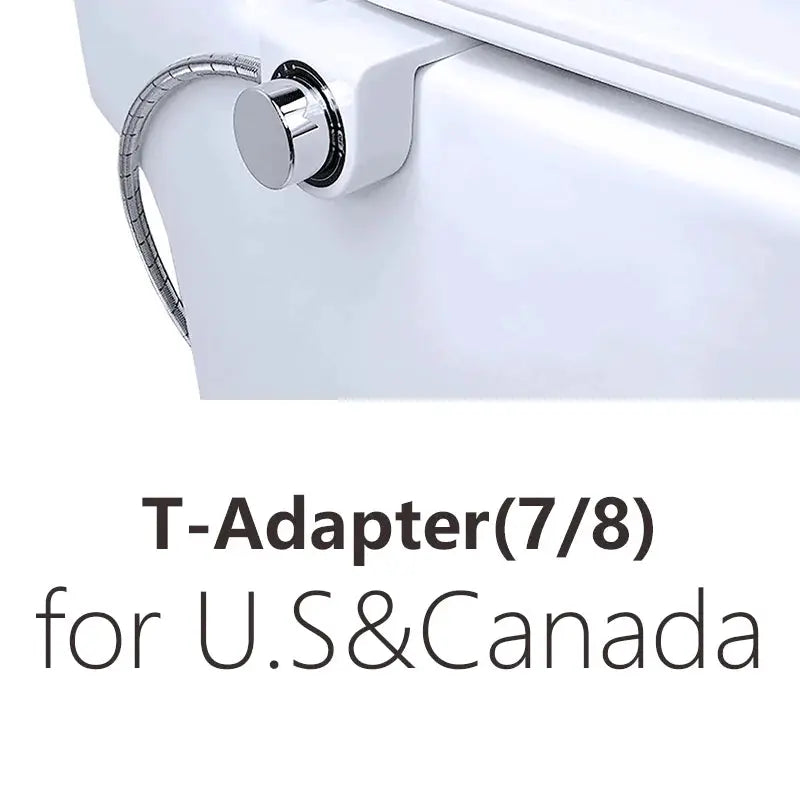 Small bidet toilet seat attachment with dual nozzles and chrome braided hose on a white toilet