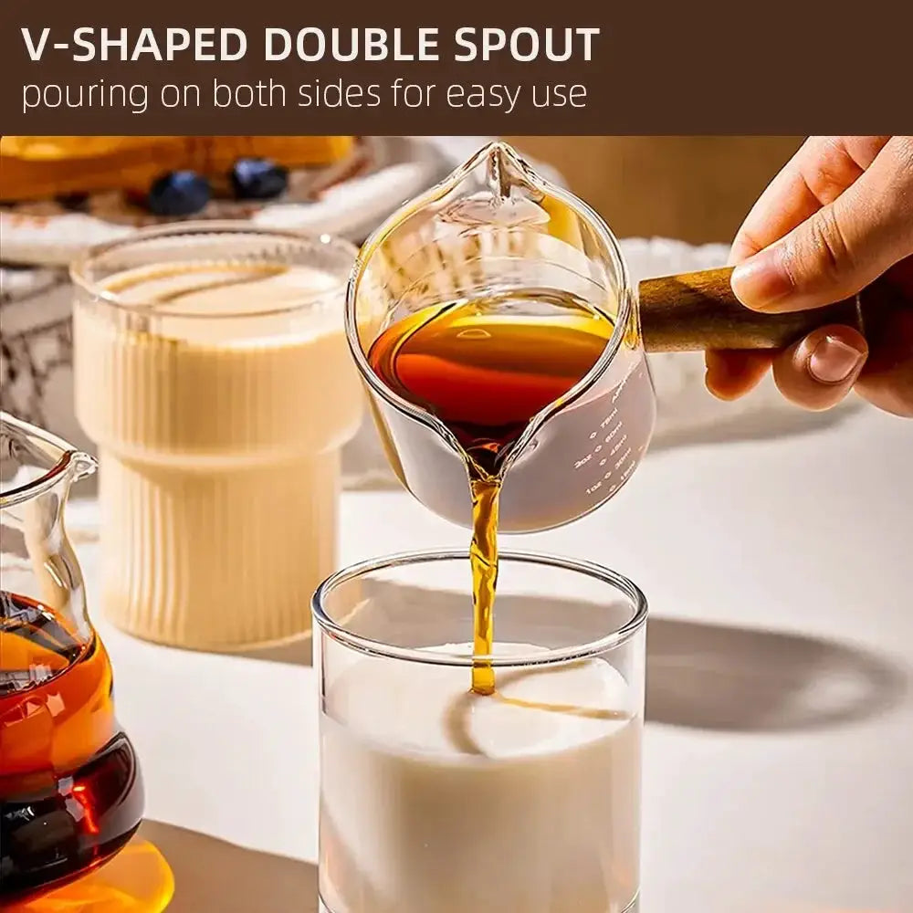 Glass Measuring Cup With Wood Handle For Espresso And Milk Clear Coffee Measuring Mug For Home Barista
