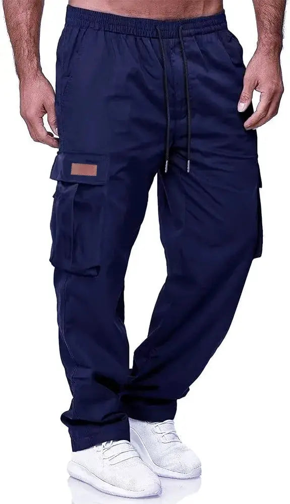 Men's work pants navy blue with drawstring waist and cargo pockets