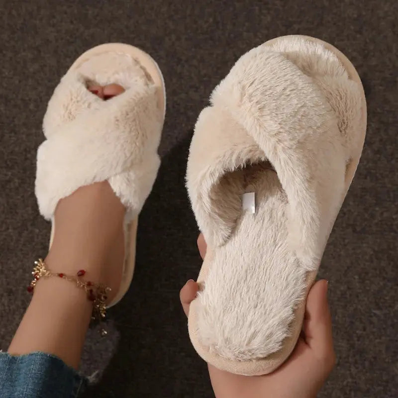 Autumn Fashion Cross Strap Faux Fur Slippers For Women Indoor Light Warm Plush Home Shoes Flat Heel