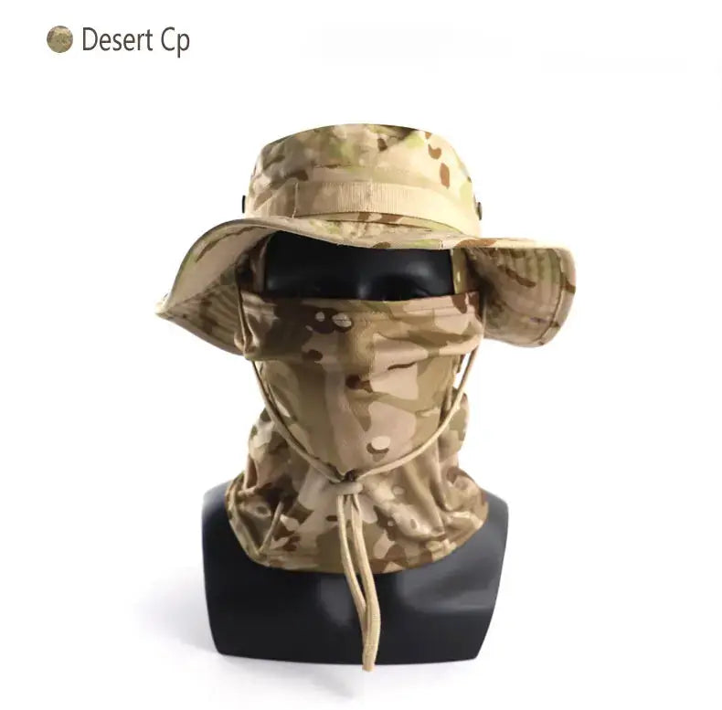 Camouflage boonie hat with neck flap mask in desert tan camouflage.