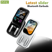 HTC NE48 TWS wireless earbuds with two charging cases in black and white and touchscreen displays