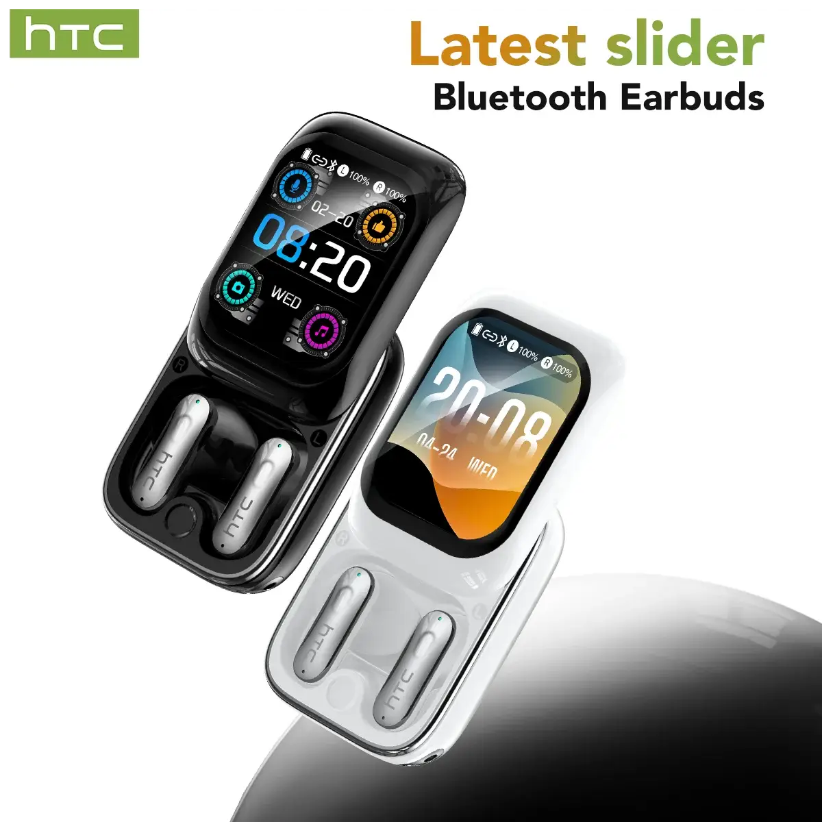 HTC NE48 TWS wireless earbuds with two charging cases in black and white and touchscreen displays