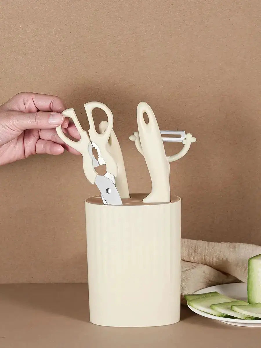 Stainless Steel Kitchen Knife And Scissors Five Piece Set Including Fruit Knife Slicing Knife Melon Peeler Knife Holder