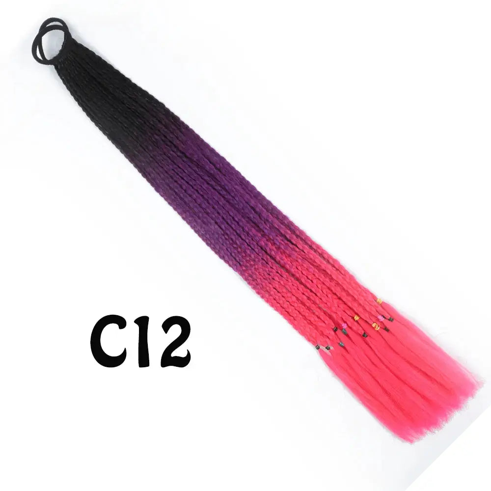 Synthetic gradient braided ponytail extension, black–purple–pink, 24 inches with elastic band