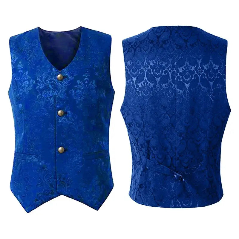 Men's blue jacquard waistcoat, single-breasted vest with brass buttons, front and back views, Simples Market