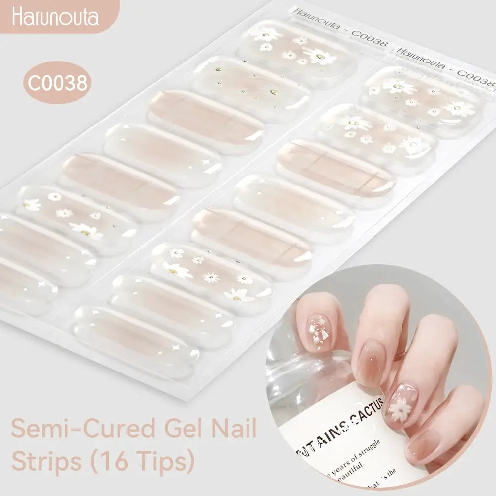 Semi-cured gel nail strips in gradient nude-pink with white floral decals, 16 tips for DIY nails and UV/LED lamps