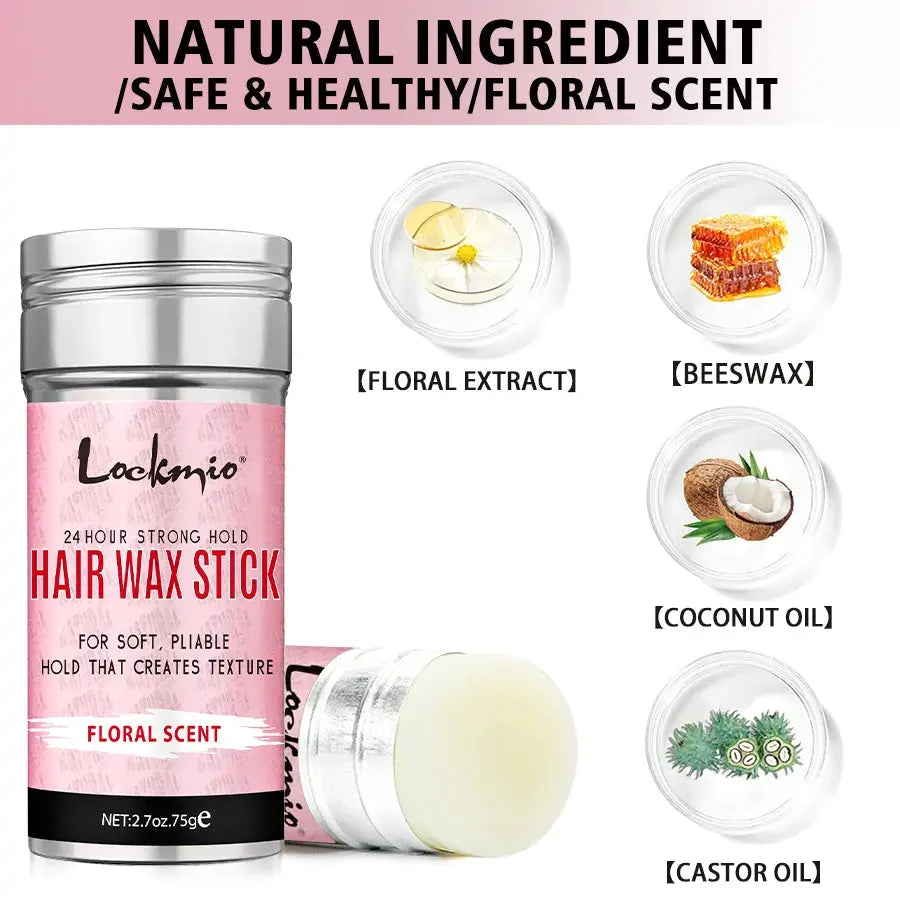 Lockmio Hair Wax Stick, pink floral-label, floral-scented anti-frizz wax with floral extract, beeswax, coconut and castor oil