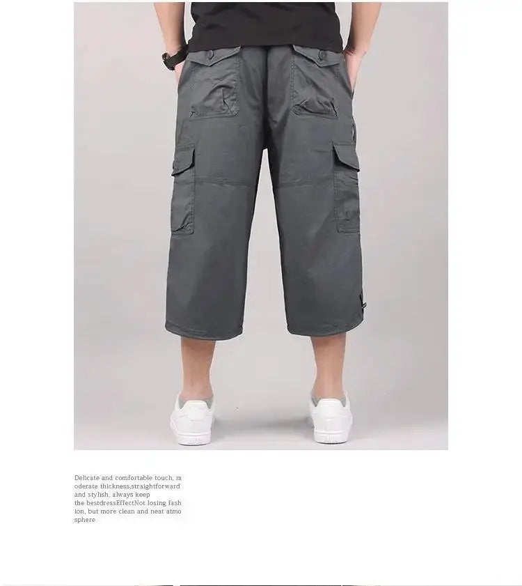 Men's cargo shorts by Simples Market, gray loose knee-length pants with multiple pockets and elastic waist.