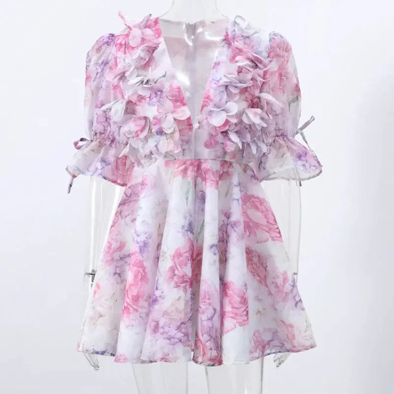 Floral Printed Backless Mini Dress Sleeveless A Line Party Clubwear
