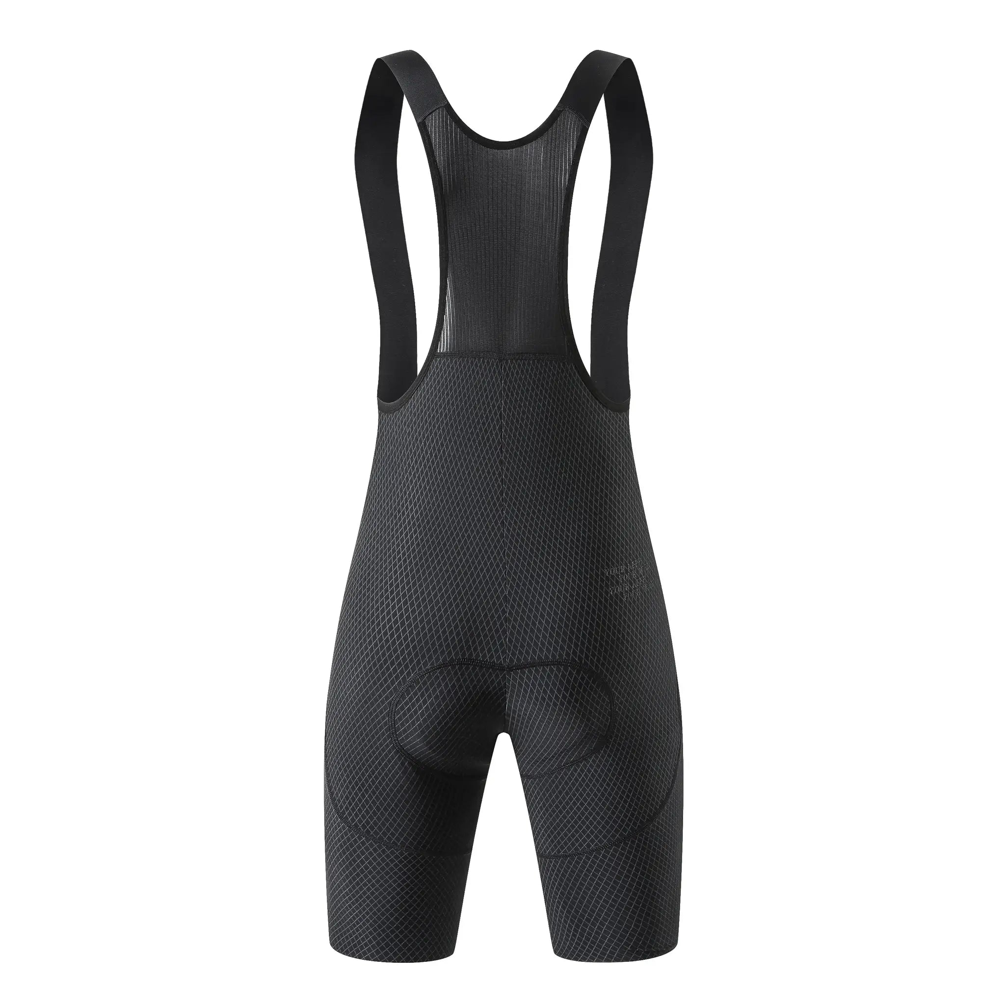 Men's black cycling bib shorts with shoulder straps and diamond-pattern fabric