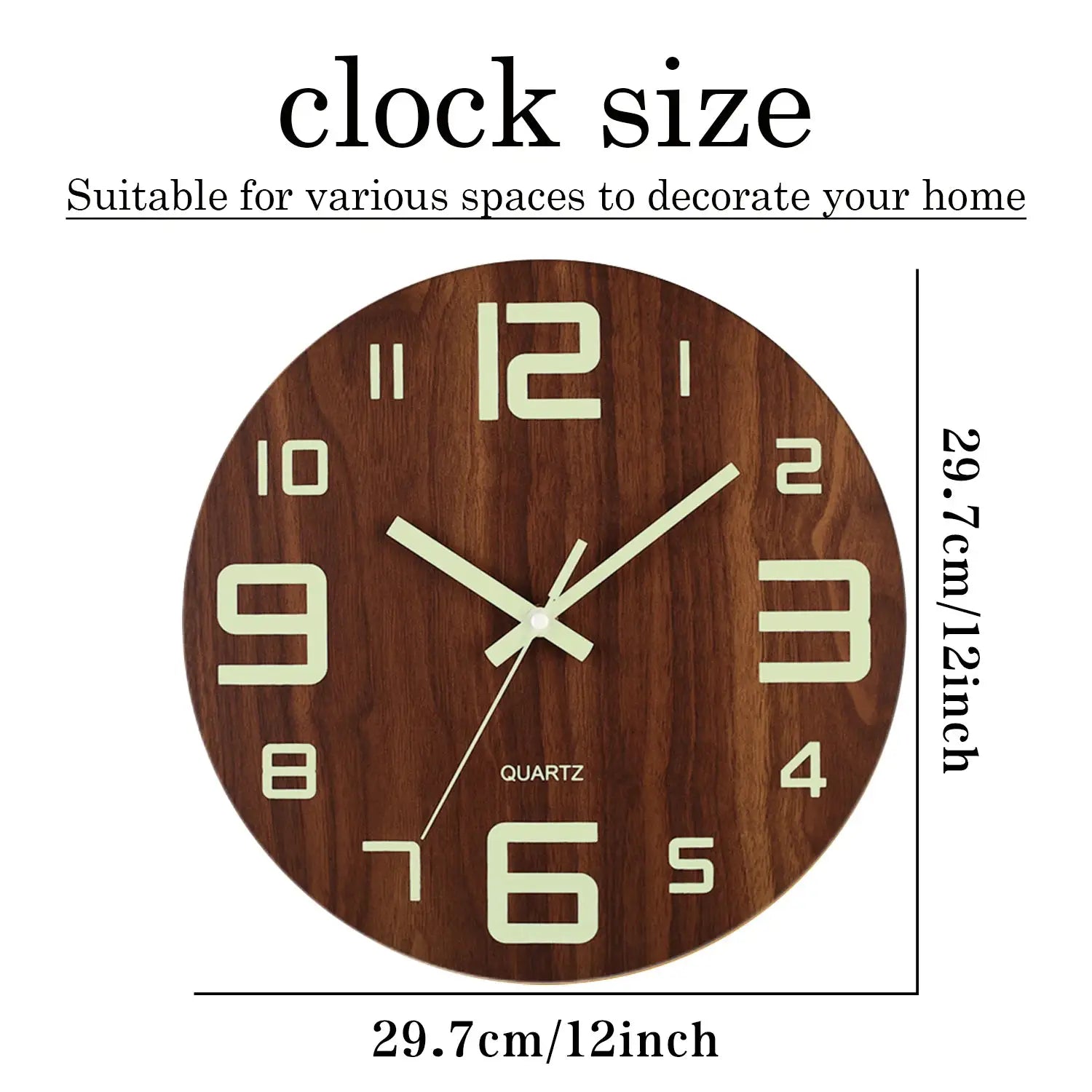 12-inch round wooden wall clock with large pale numerals on a dark wood face