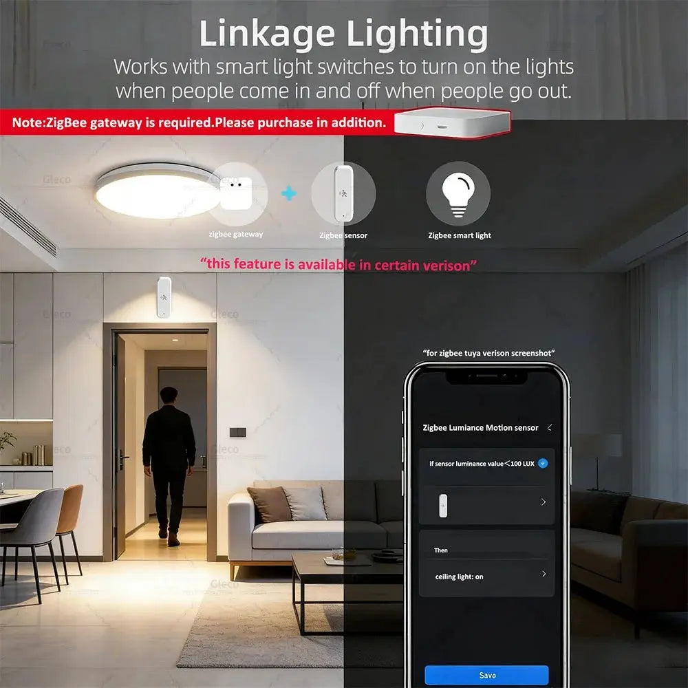Zigbee 3.0 motion sensor in white with gateway and smart light, shown beside a mobile app screen