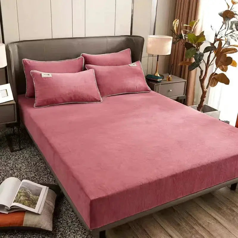 AISIRUI coral-pink plush fitted sheet for double bed with elastic corners