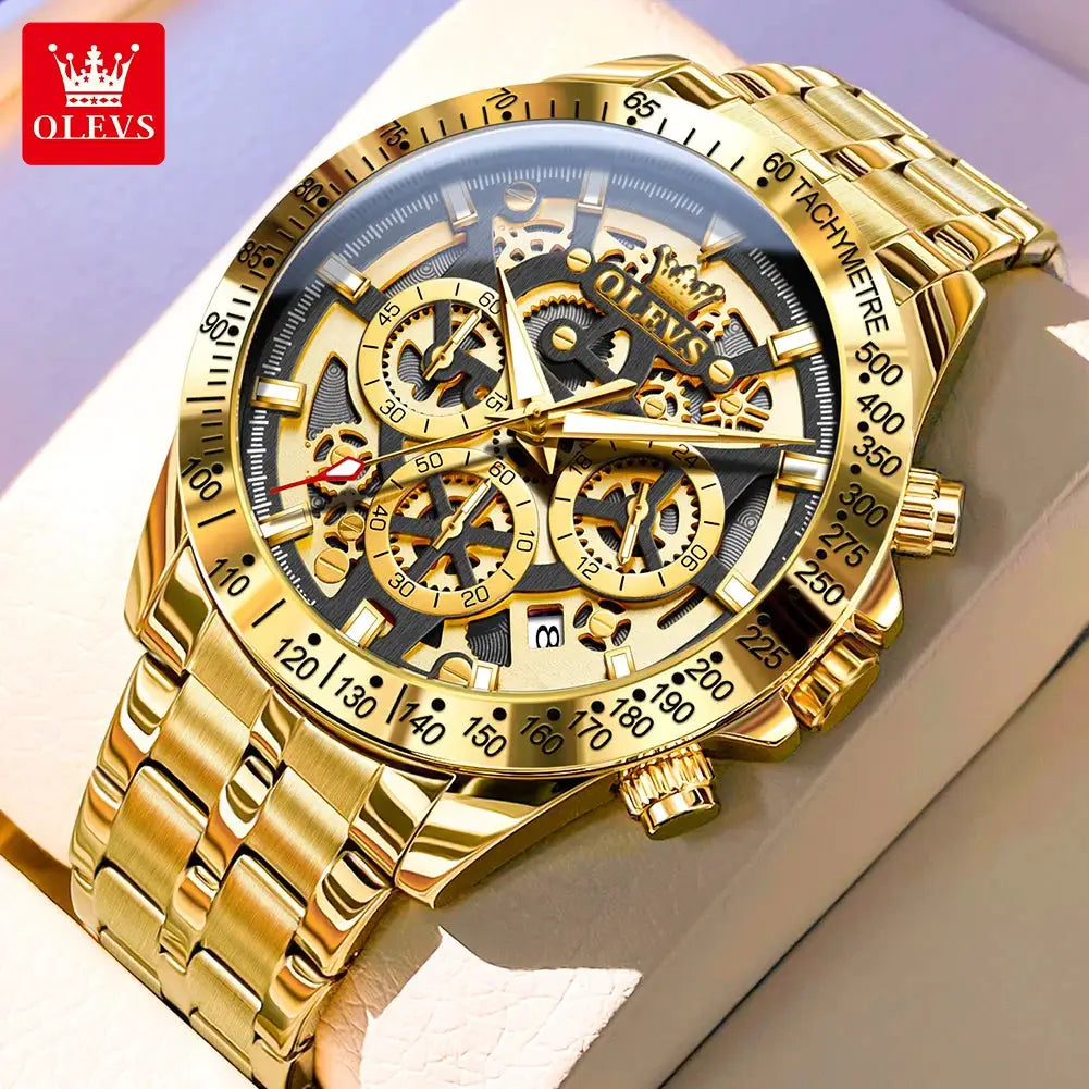 OLEVS men's gold-tone skeleton chronograph watch with stainless steel bracelet and tachymeter bezel