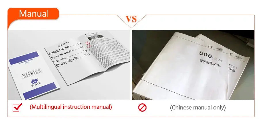 E-ACE Solar Power TPMS car tire pressure monitor manuals: two manuals side by side, multilingual English and Chinese versions