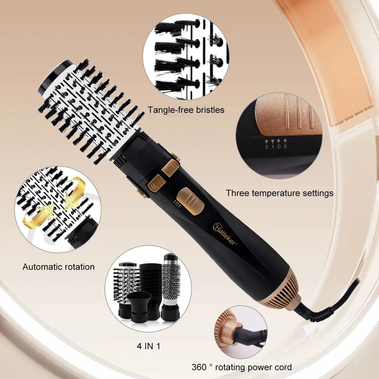 Hatteker EU 4-Head hot air brush in black with rose-gold accents; 4-in-1 attachments.