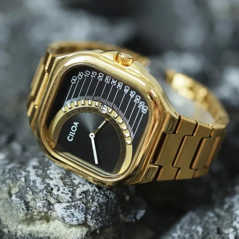 CILOA retro square men's watch with gold-tone case and bracelet, black dial, waterproof quartz