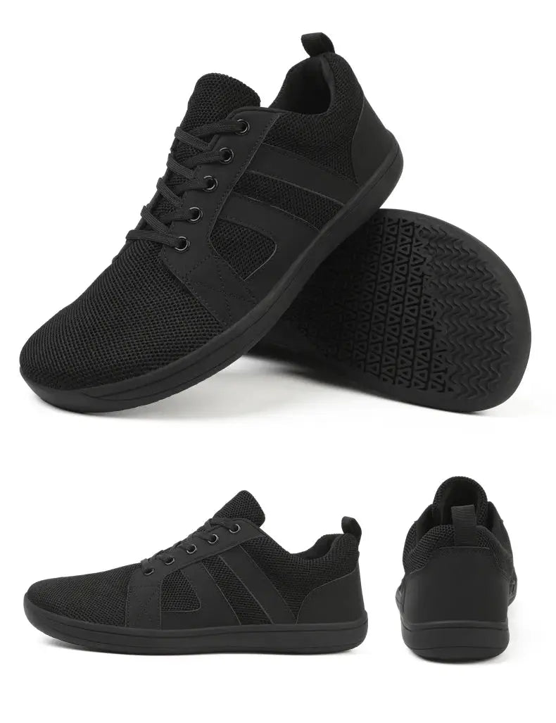 Simples Market pair of wide-toed black casual sneakers with mesh upper and lace closure