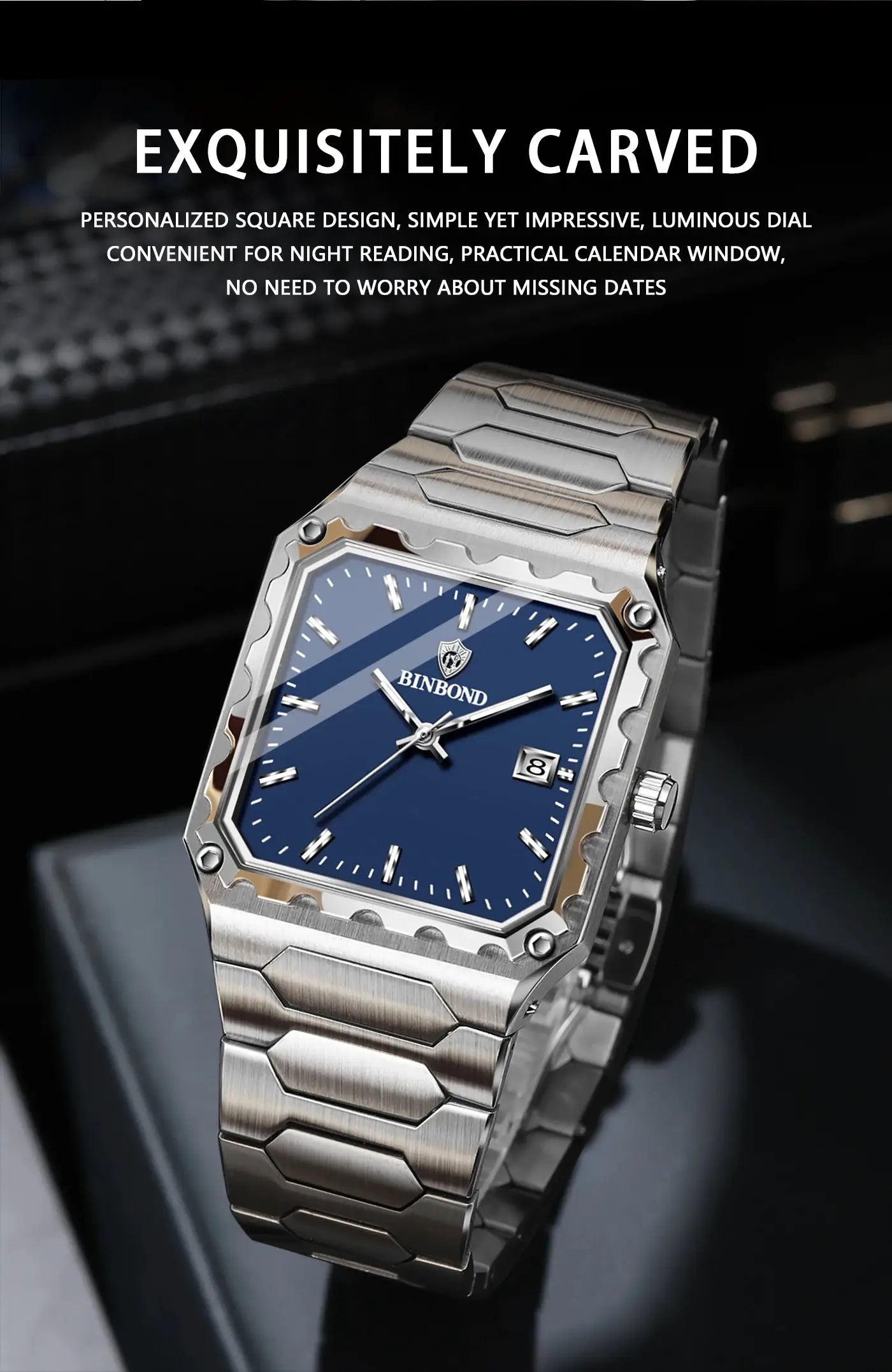 BINBOND men's stainless steel wristwatch with blue dial and date window