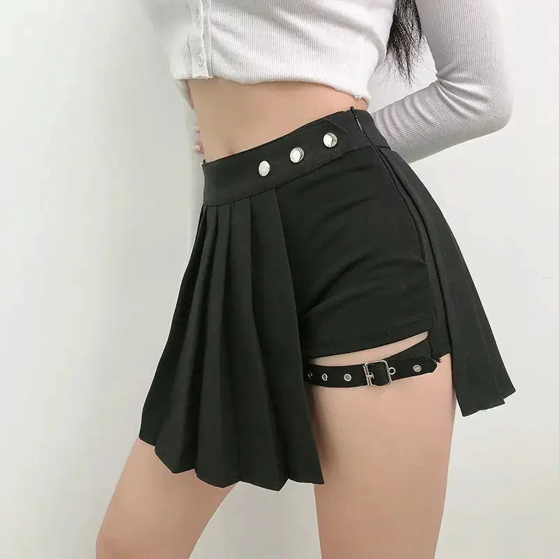 Harajuku punk Gothic black high-waist mini skirt with pleated drape panel, studded waistband, and thigh strap