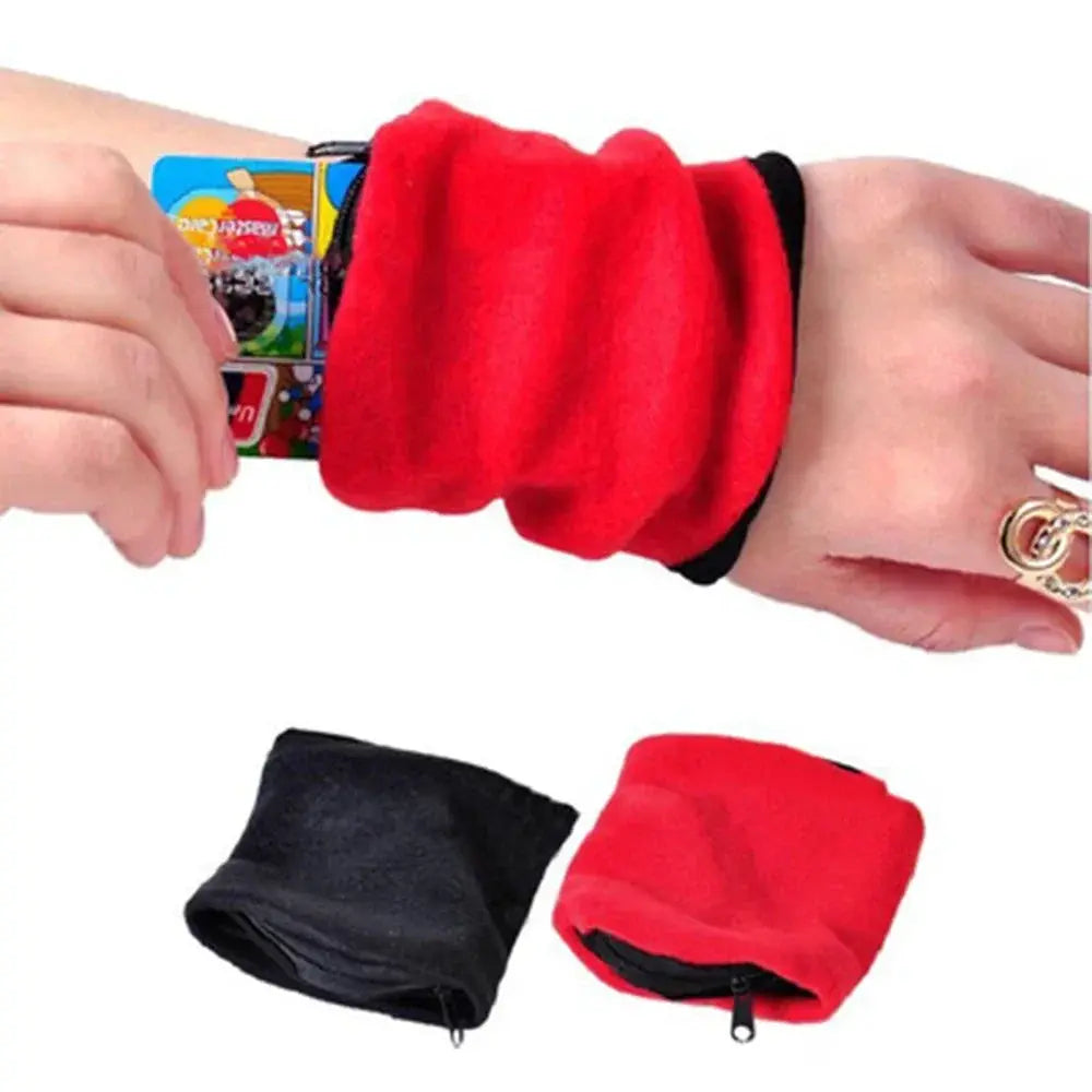 Simples Market mini wrist wallet key pouch band in red fabric with zipper; includes black and red zippered pouches (2)