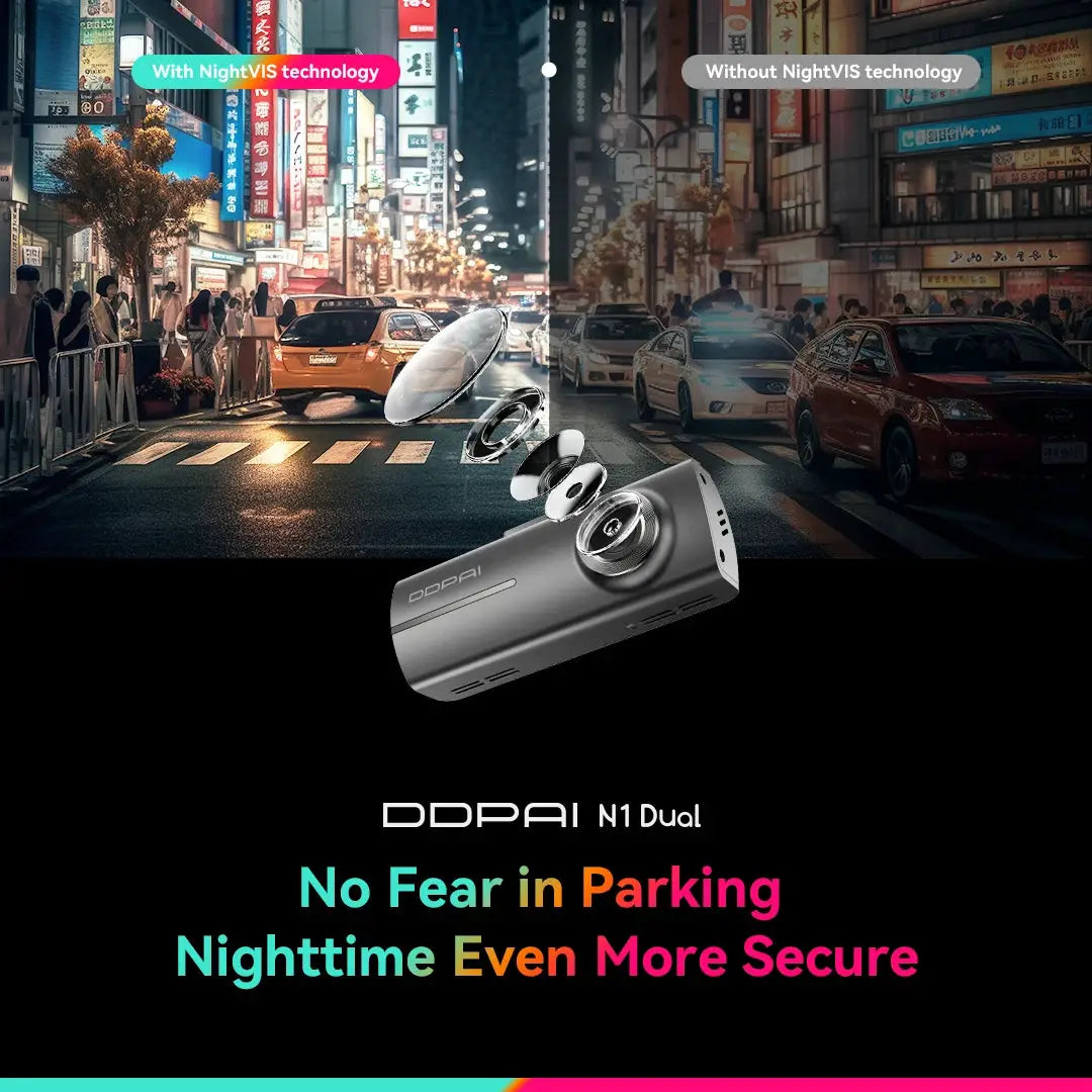 DDPAI N1 Dual dash cam in silver with front and rear cameras, NightVIS technology, Simples Market