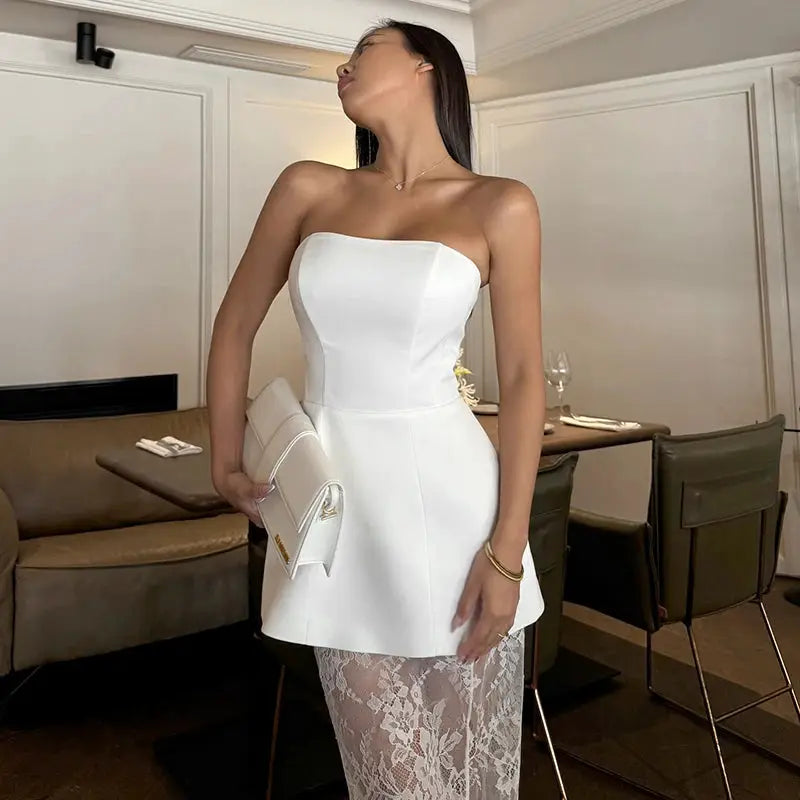 Strapless Lace Dress Set Two Piece Banquet Outfit Backless Elegant High Waist Long Splice Skirt