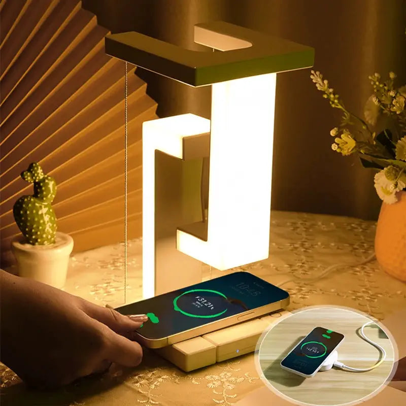 Novelty floating lamp with 10 W detachable wireless charger, white backlit decorative light for bedroom/office