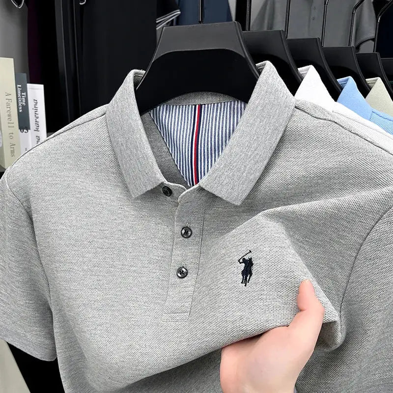 Men's polo shirt, gray 100% cotton, short sleeves, navy pony embroidery.