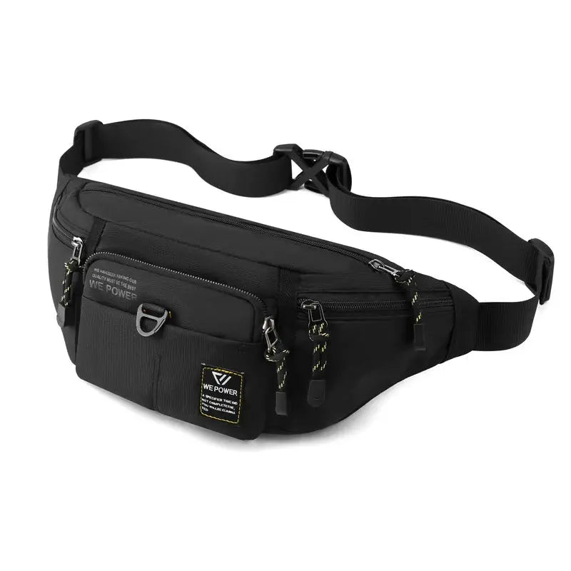 Men's black nylon waist fanny pack with multiple zip pockets and adjustable strap, WE POWER patch