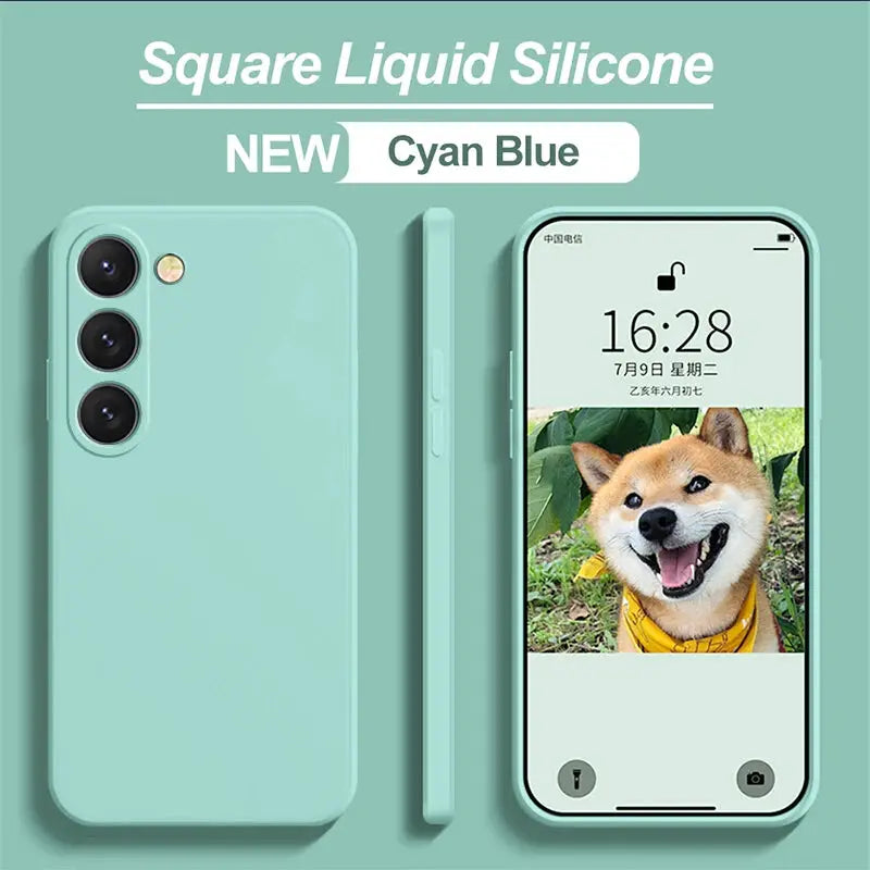 Simples Market Square Liquid Silicone phone case in cyan blue for Samsung Galaxy S23–S26, soft silicone cover