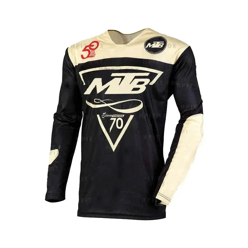 Motocross MTB cycling jersey, long-sleeve black with cream panels, MB logo on chest
