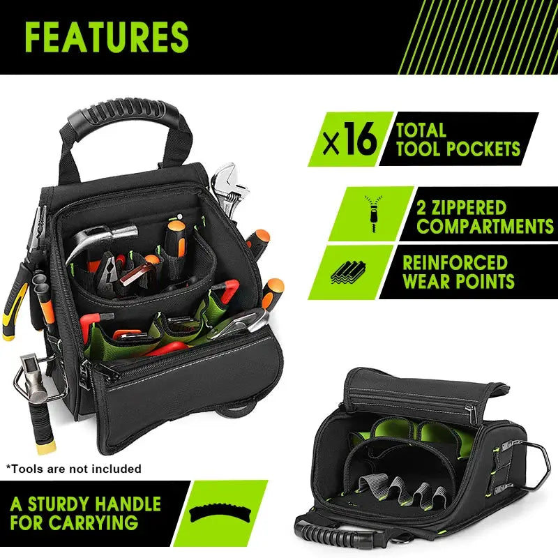 JAKAH electricians tool pouch by Simples Market, black with green interior, padded shoulder strap, multi-pocket
