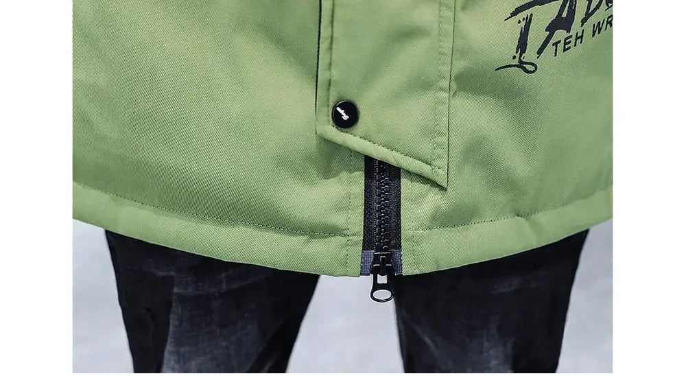 Green padded down jacket with front zipper and snap button at hem