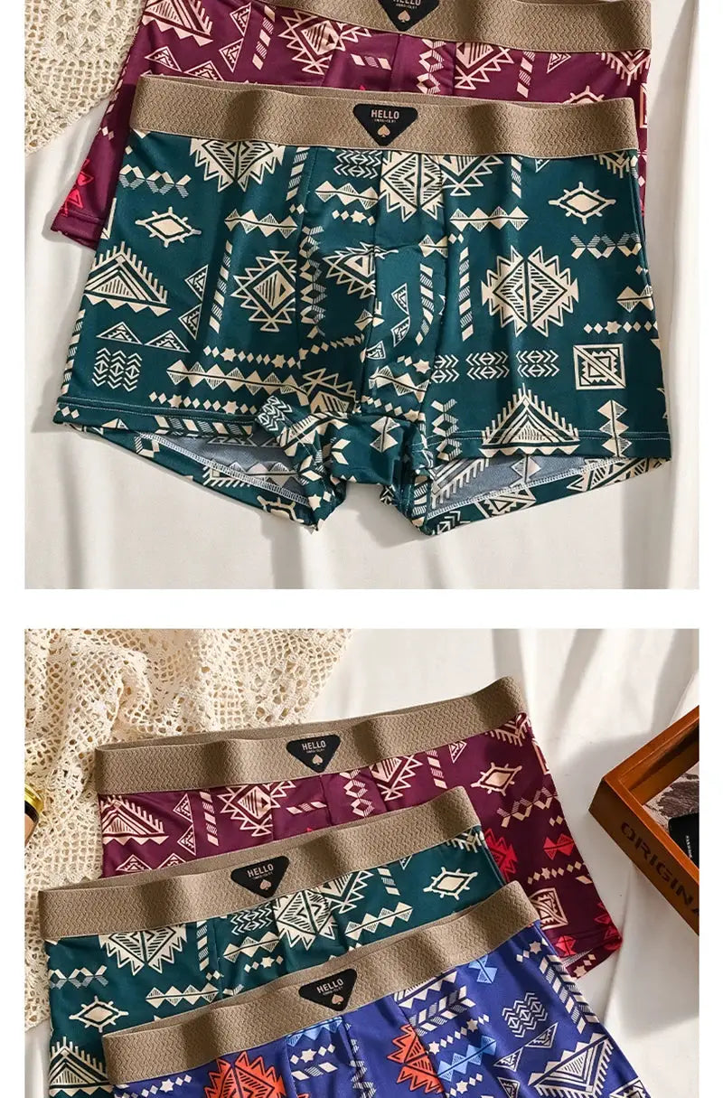 Boxer shorts 3-piece men's set in geometric prints; ice silk fabric, beige elastic waistband, Hello label.