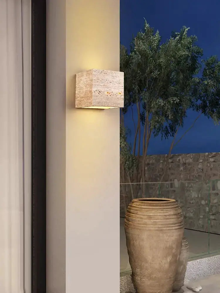 Wabi Sabi Yellow Travertine Marble Wall Lamp LED wall sconce by Simples Market for bedroom or living room