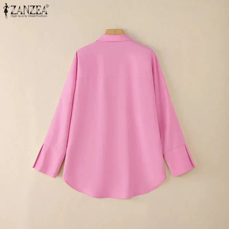 ZANZEA pink oversized women's shirt with long sleeves, turn-down collar, back view, high-low hem