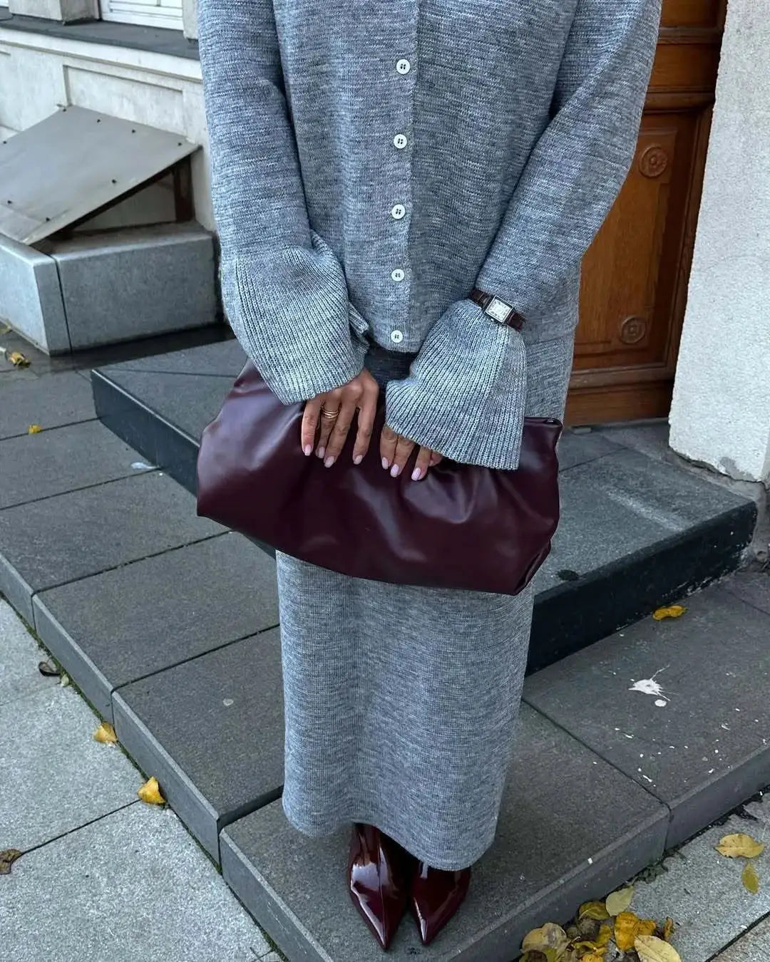 Hirsionsan Two Piece Set Women Polo Neck Cardigan And Midi Dress