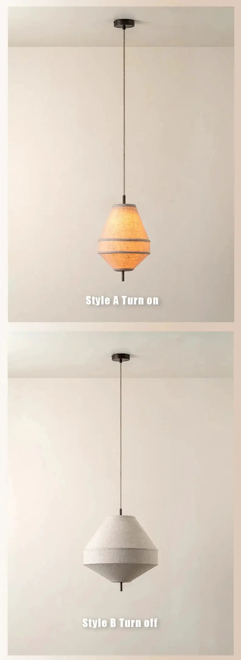 Fabric pendant light, Japanese Wabi Sabi style, two styles shown in orange and gray
