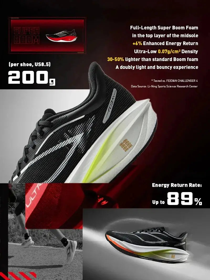 Li-Ning men's FEIDIAN 5 Challenger racing running shoes, black mesh upper with white/green foam midsole