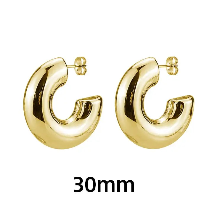 Chunky hoop earrings gold-plated stainless steel, 30mm C-shaped pair